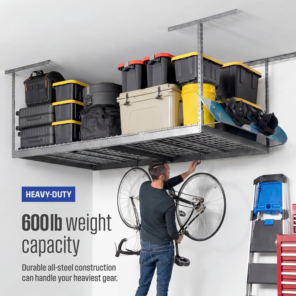 SafeRacks Gray 4x8 Overhead Storage Rack w/ 5-pc Hook Pack (12”-24" Drop)