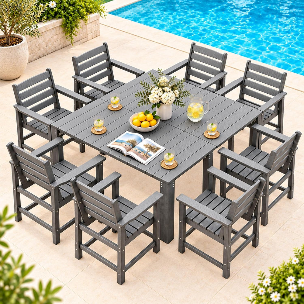 Dining Table Set, 10-Piece HDPE Outdoor Dining Set for 8, Gray