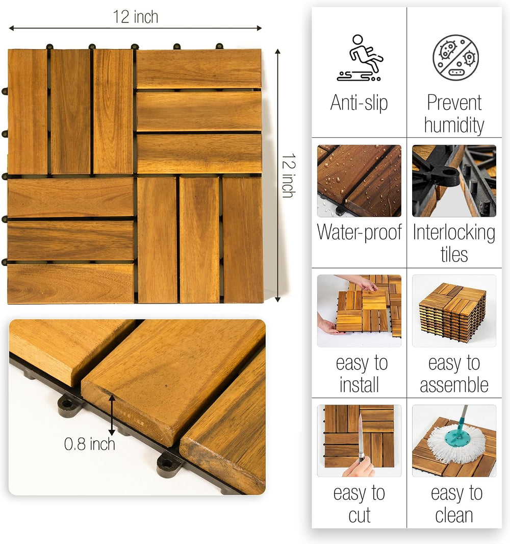 Interlocking Deck Tiles, 10 PCS 12" x 12" Acacia, Golden Teak Color