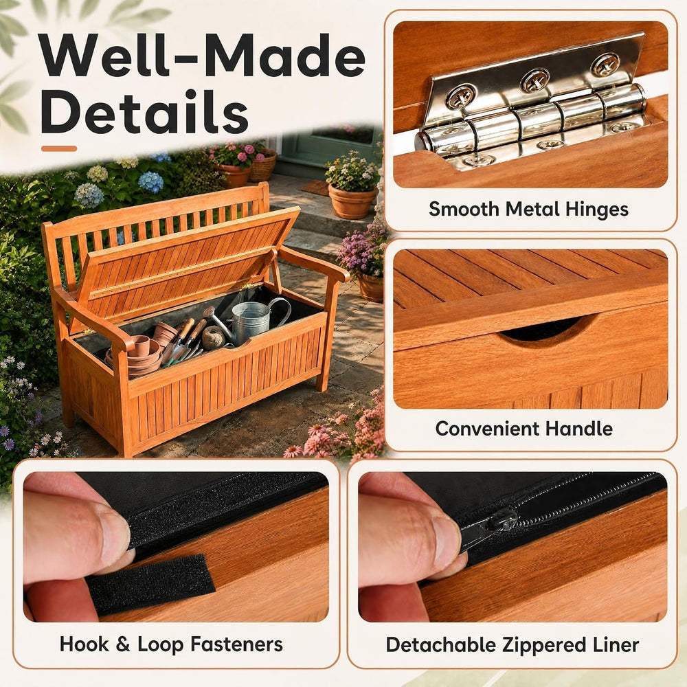 LDAILY 33 Gal Eucalyptus Outdoor Storage Bench, 705 lbs Capacity Deck Box