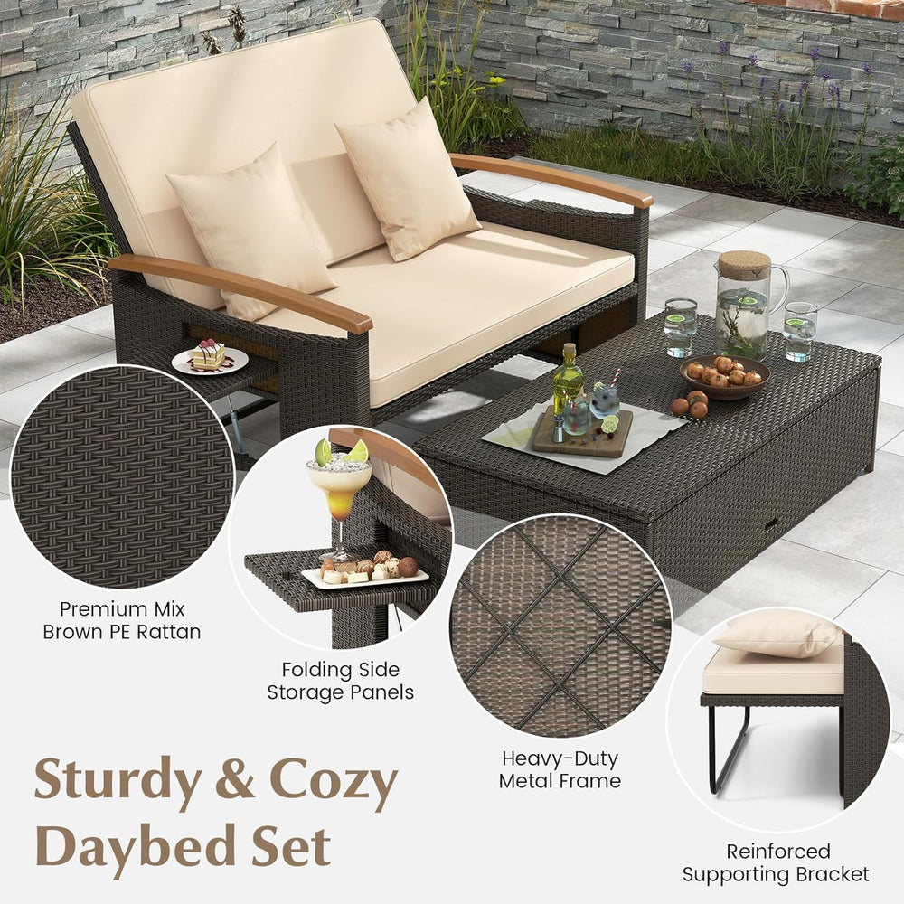 Moccha Outdoor Wicker Daybed, Patio Rattan Loveseat Sofa w/ 4-Level Adjustabl...