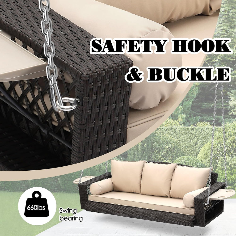 3-Person Hanging Porch Swing, Outdoor Wicker Swing with Cup Holders