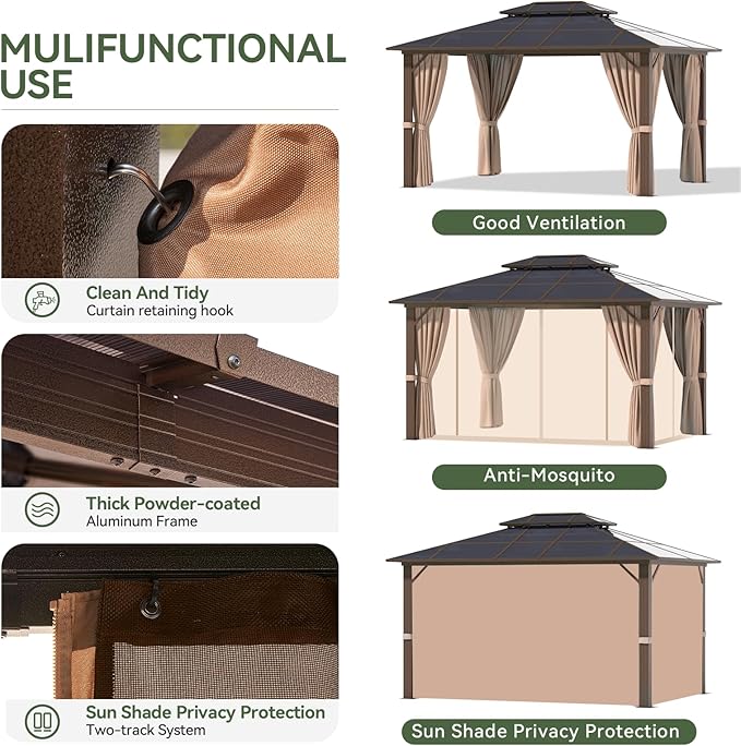 Aoxun 10'x12' Hardtop Gazebo, Aluminum Frame Permanent Pavilion with ...