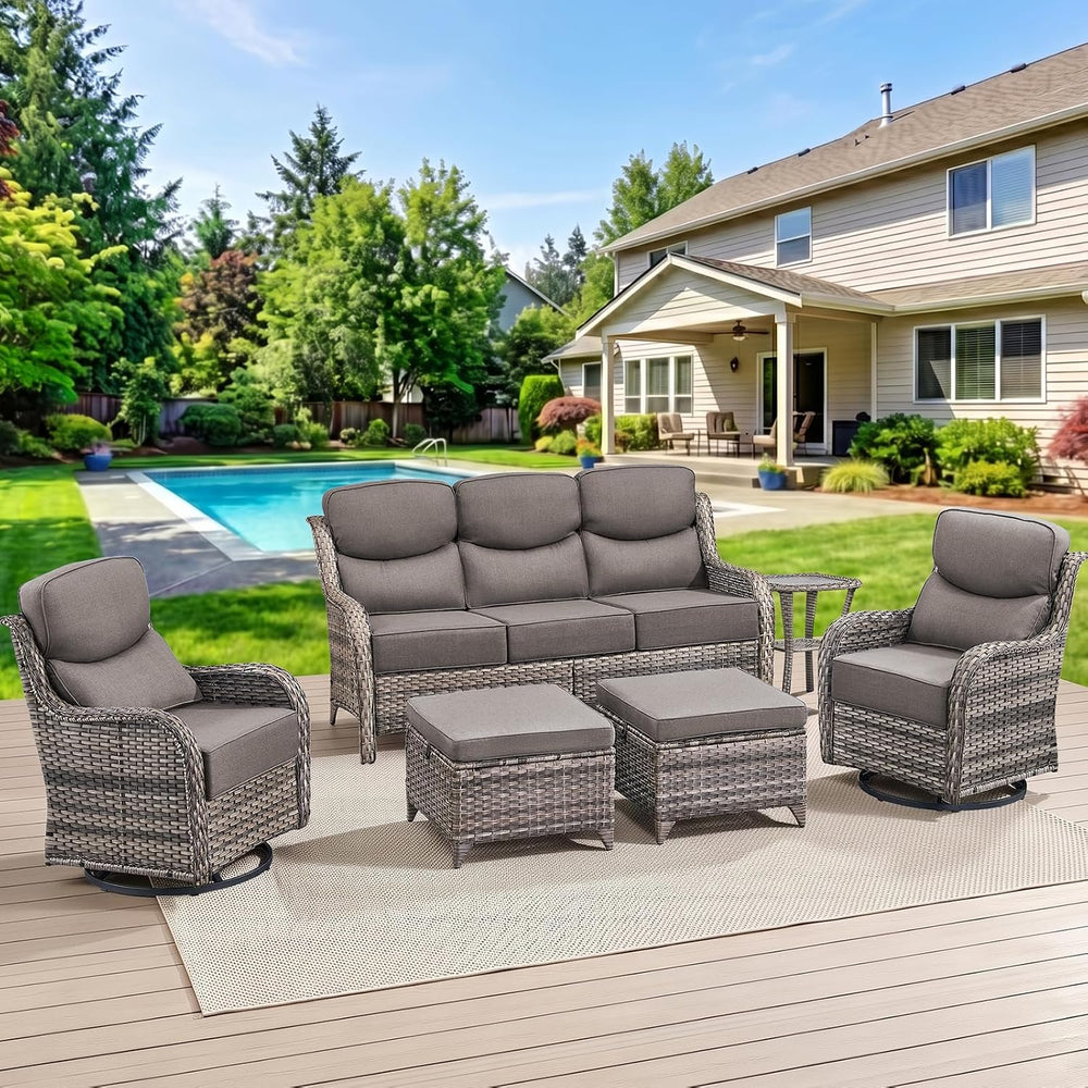 Swivel Patio Chairs Sofa Set of 6-6" Thick Cushion - Wicker Outdoor Swiv...