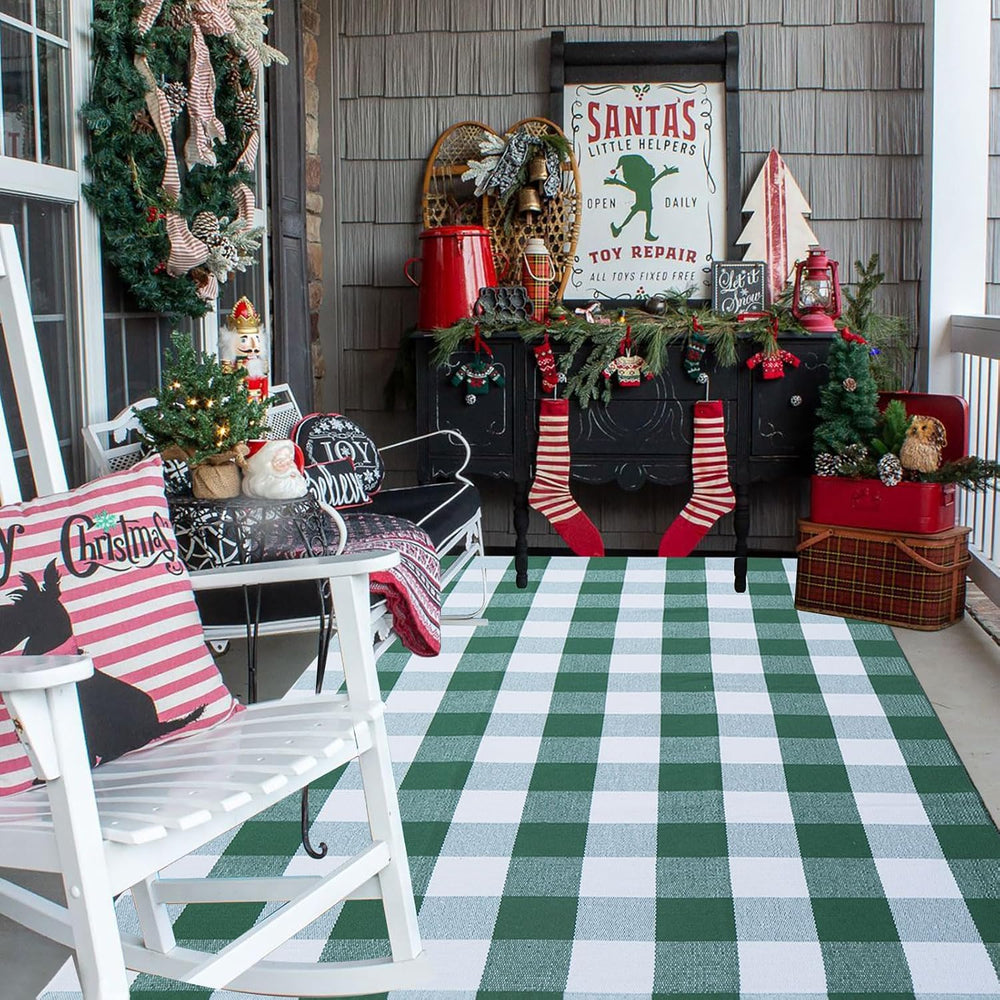 Green and White Buffalo Plaid Outdoor Rug Spring Door Mat Layering Rug Welcom...