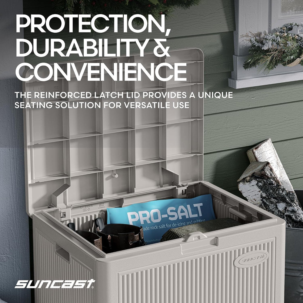 Suncast 22 Gal, Small Outdoor Storage Deck Box, Resin Reeded, French Gray
