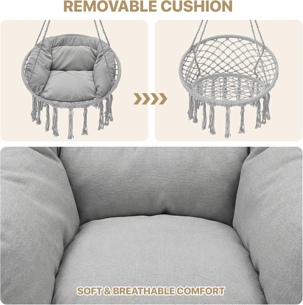 Monibloom Hanging Hammock Chair with Cushion, Macrame Swing Chair, Gray