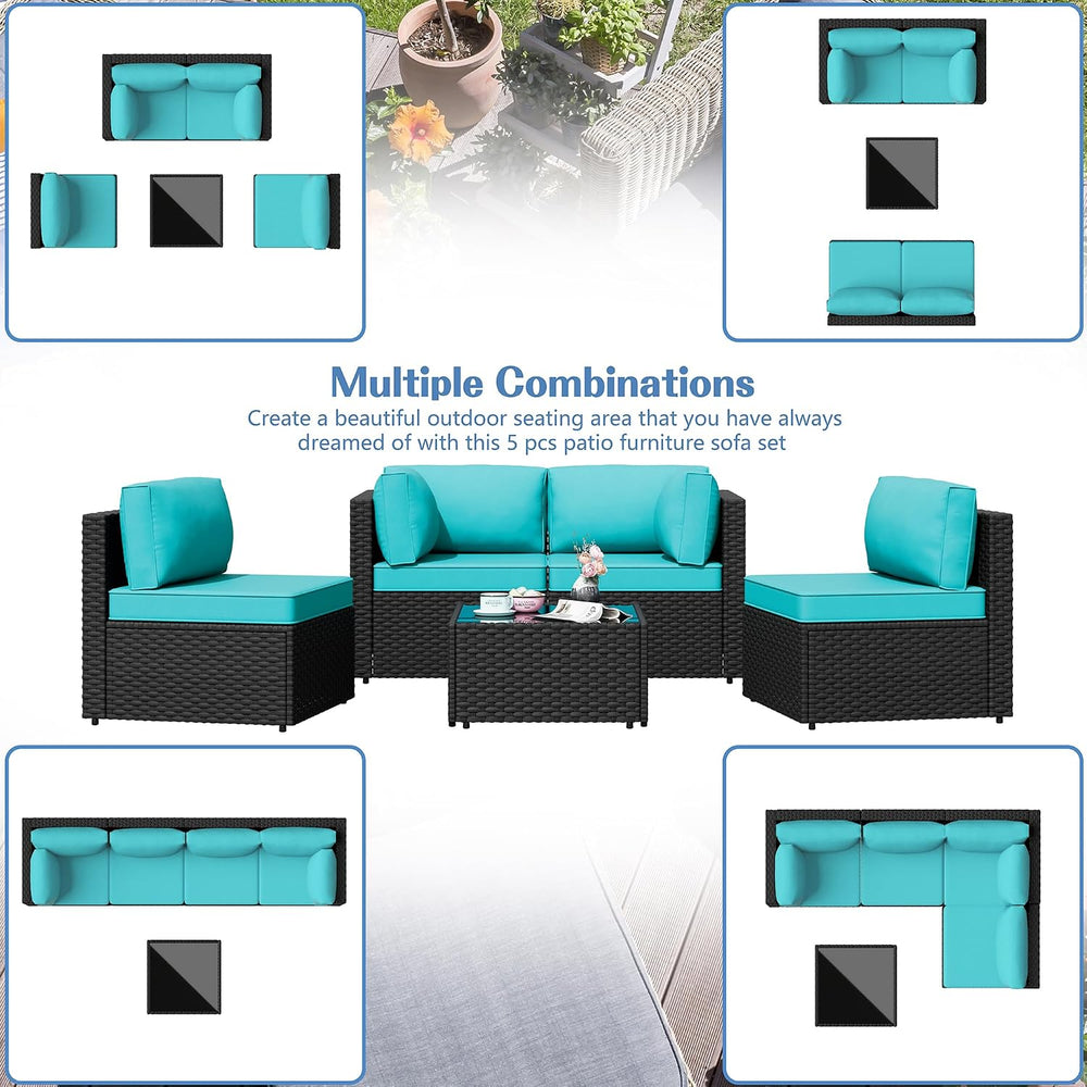 Shintenchi 5 Piece Outdoor Patio Furniture Set with Black PE Rattan, Blue