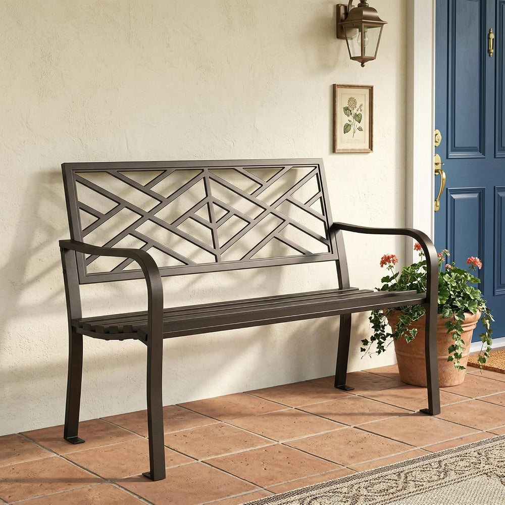 MFSTUDIO 43.7” Cast Iron Outdoor Garden Bench, Geometric Backrest, Black