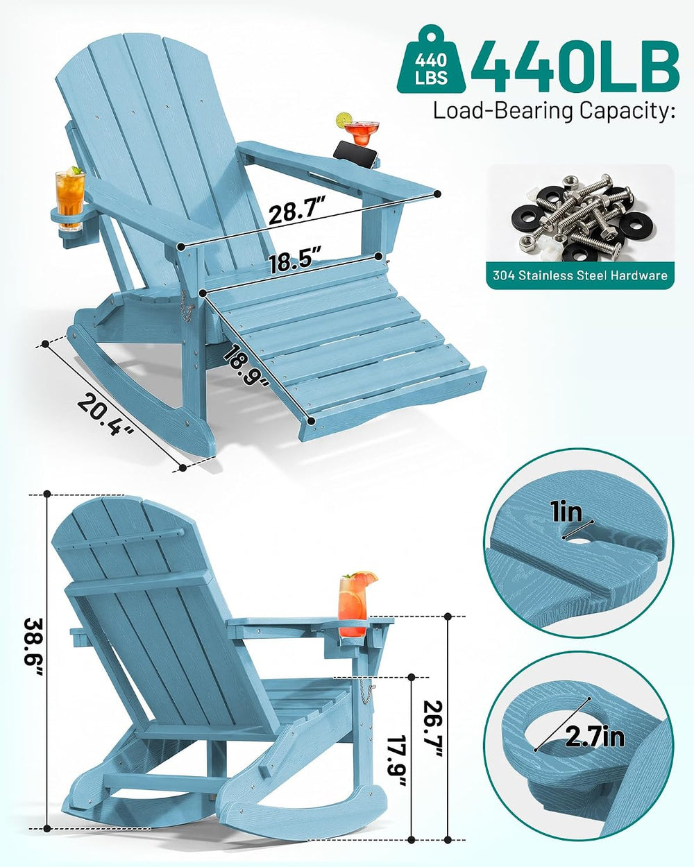 PLUUV Folding Adirondack Rocking Chair with Retractable Ottoman, Aruba