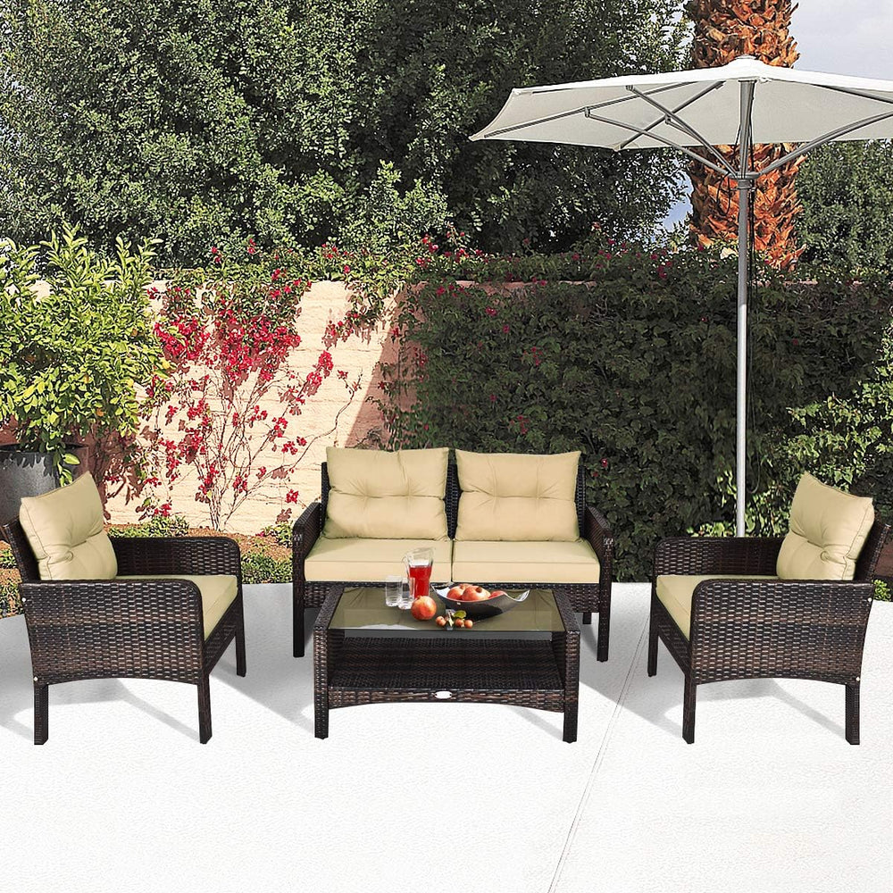 HAPPYGRILL 4-Piece Patio Furniture Outdoor Rattan Wicker Sofa Set with Cushio...
