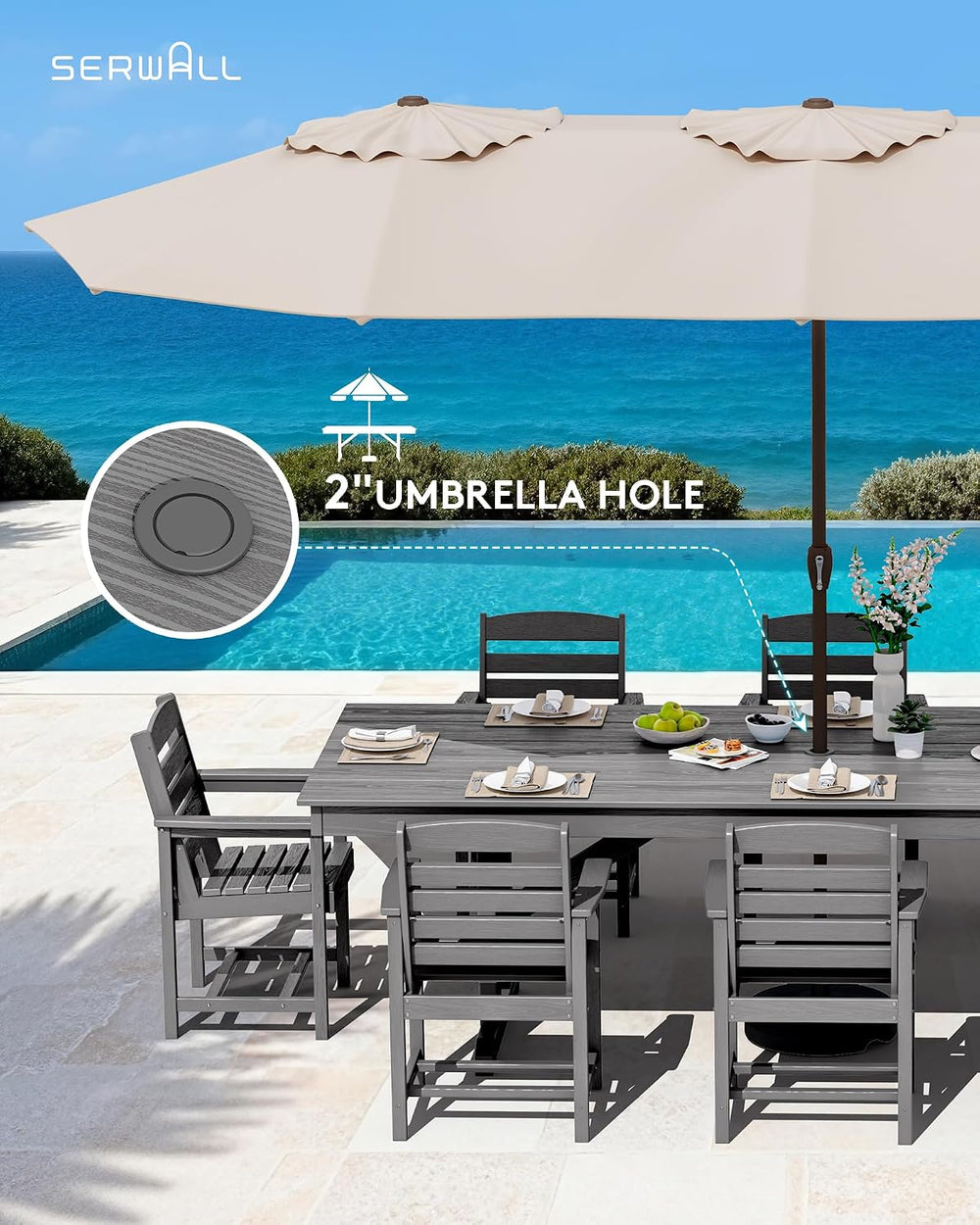 SERWALL 10Pcs 84" HDPE Outdoor Dining Set w/Armchairs & Umbrella,Gray