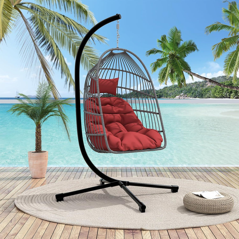 Foldable Hanging Egg Chair with Stand, HDPE Rattan and Heavy Duty Aluminum-St...