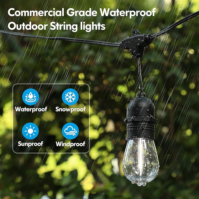Lakumu 2-Pack 96FT Outdoor String Lights with Waterproof Shatterproof Dimmabl...