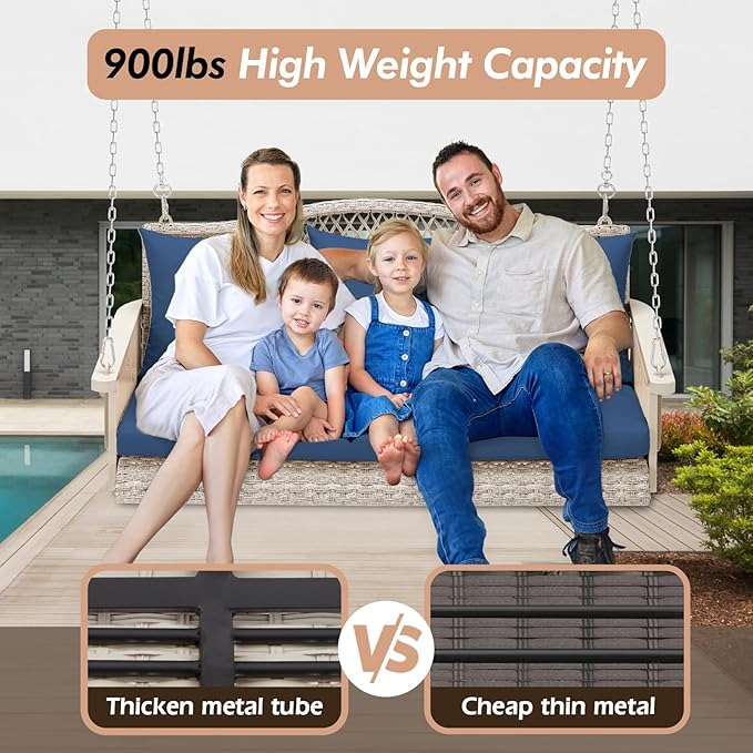 Upgraded Wicker Hanging Porch Swing Heavy Duty 900 LBS 3-Seat Outdoor Patio S...