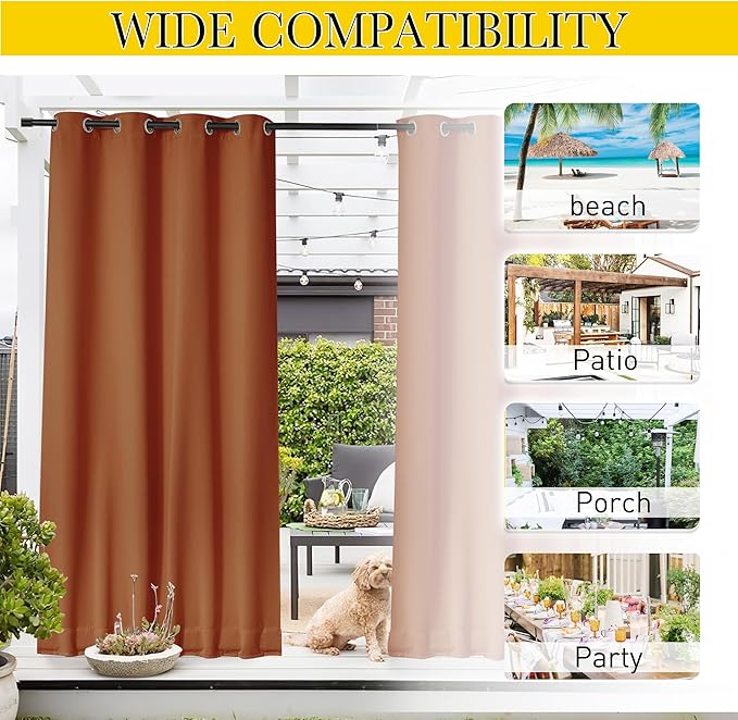 NICETOWN 2 Panels Outdoor Curtains Waterproof Fixed Grommet/Back Tab on Top &...