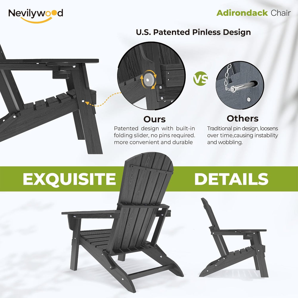 NevilyWood Adirondack Chair, HDPE Folding Outdoor Chair, Black