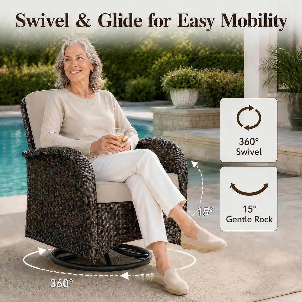 3 Piece Wicker Patio Swivel Rocker Set with Table, Brown/Beige