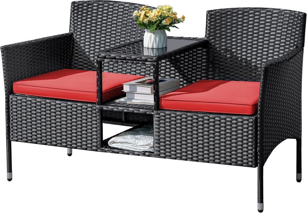 Flamaker Outdoor Furniture Patio Loveseat Wicker 2-Seat Porch Chairs Red