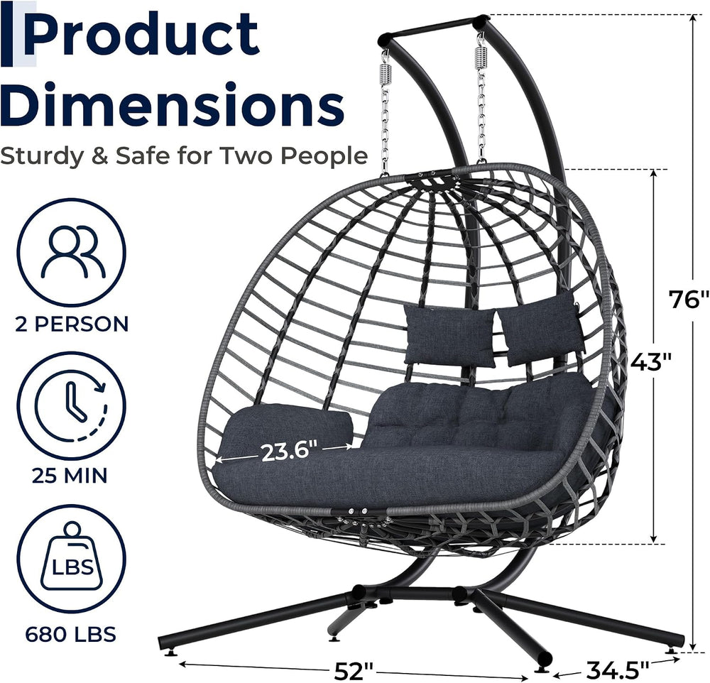 SWITTE Double Egg Chair Outdoor with Stand, Patio Hanging Swing, Grey