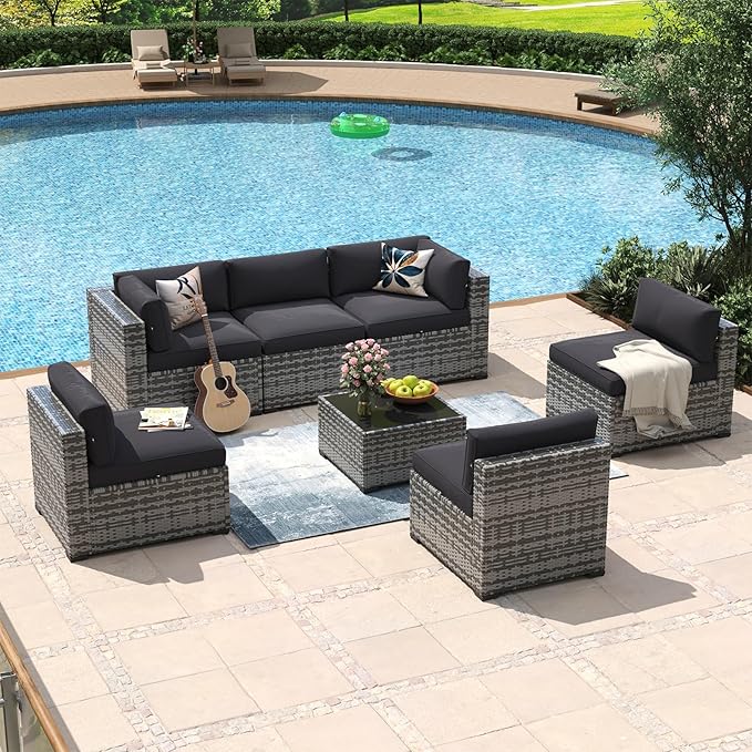Aoxun 7 Piece Patio Furniture Set Wicker Rattan Patio Conversation Set Outdoo...
