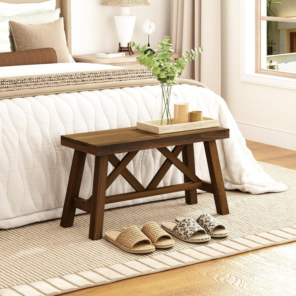 Wnutrees 30" Farmhouse Solid Wood Bench, Rustic Entryway Bench, Natural