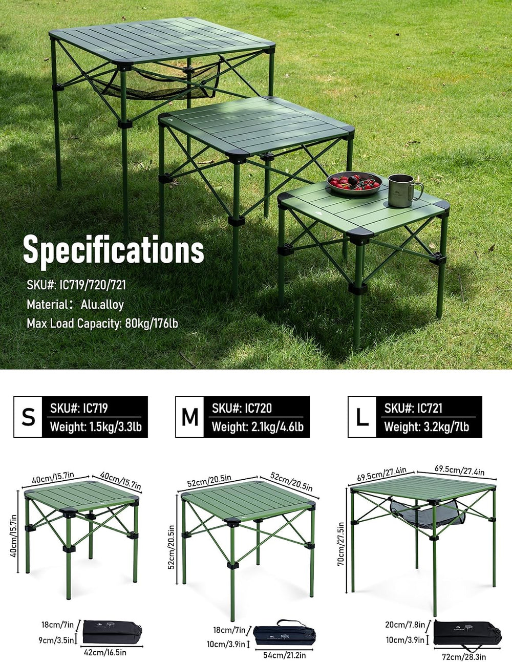 iClimb Lightweight Stable Alu. Folding Square Table Roll Up Top (Green, L)