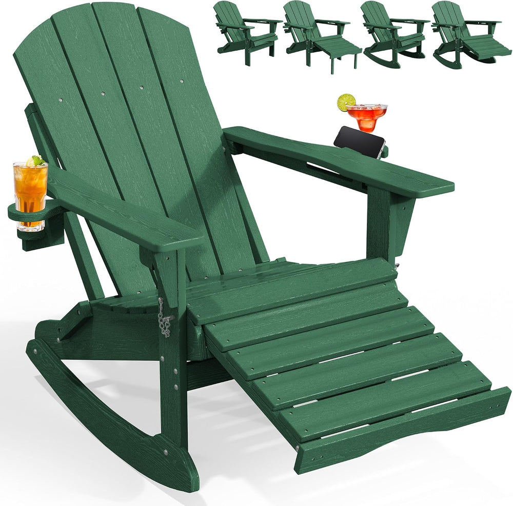 PLUUV Folding Adirondack Rocking Chair with Retractable Ottoman, Green