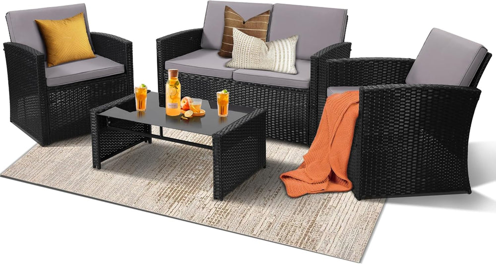 4 Piece Patio Furniture Set, Outdoor Wicker Conversation Set
