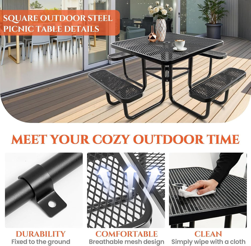 46" Square Top Outdoor Picnic Table Set for Up to 8 Persons, Outside Tab...
