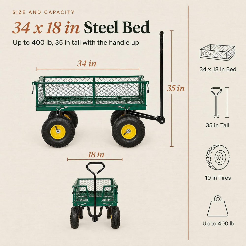 Backyard Expressions Garden Cart and Utility Wagon, 400 lb, Green