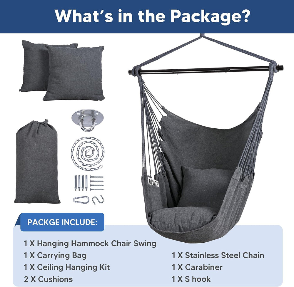 Hammock Chair Swing with Steel Support Bar, Side Pocket, Dark Gray