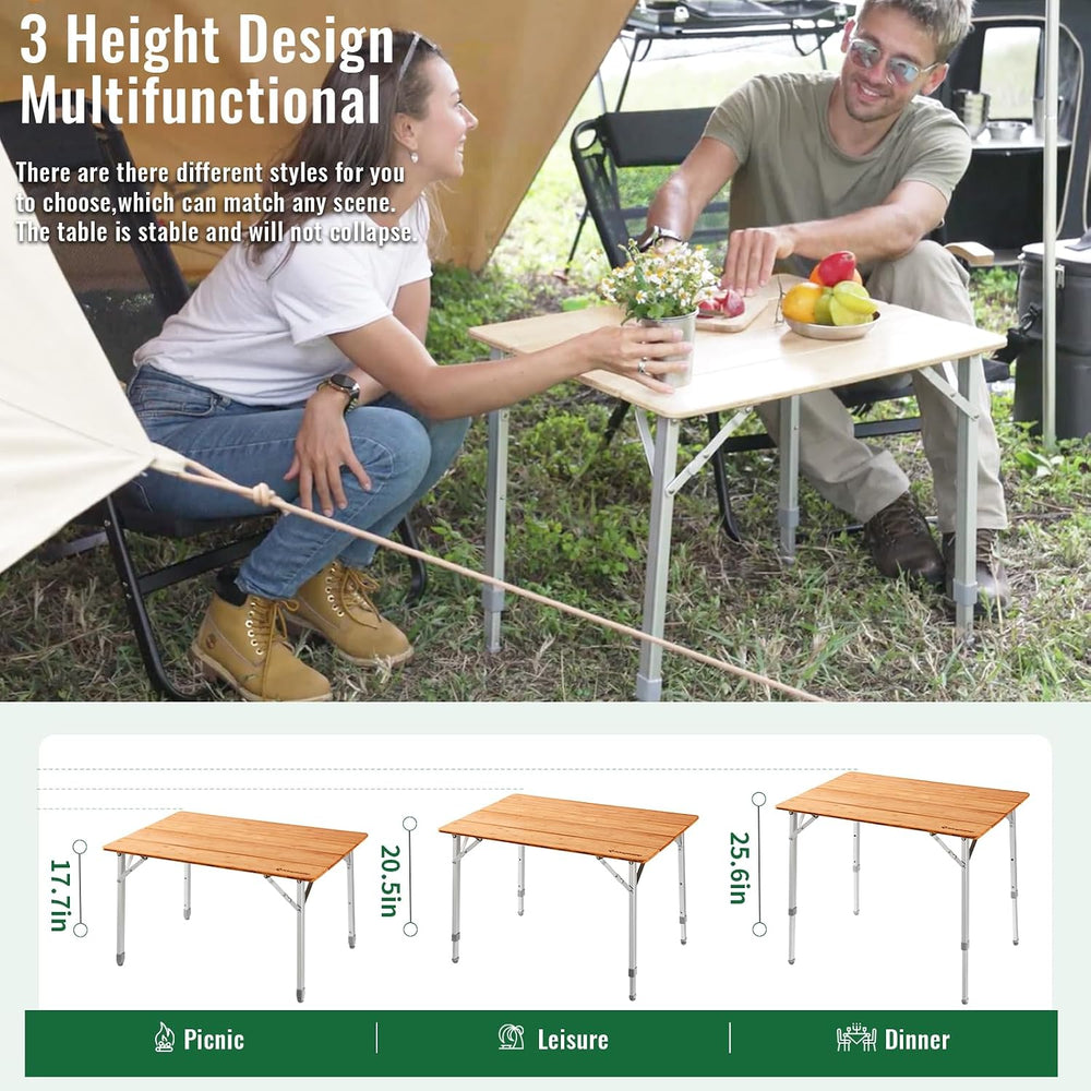 KingCamp Folding Camping Table Bamboo 4-Fold Adjustable Portable Table