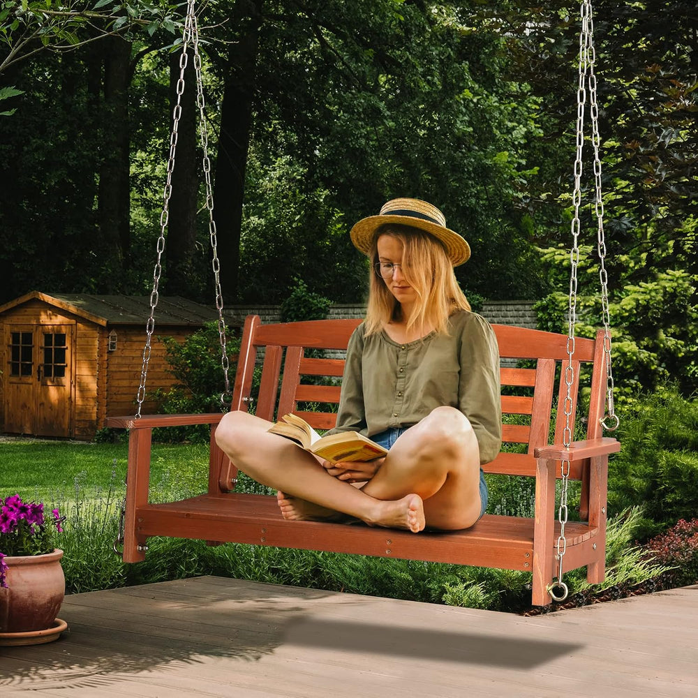 Fir Wood 44in Porch Swing Bench with Chains & Reclined Backrest