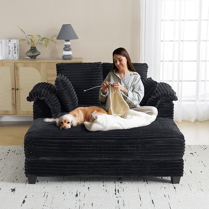 VINGLI 56" Oversized Chaise Lounge Chair, Black Comfy Corduroy Chaise So...