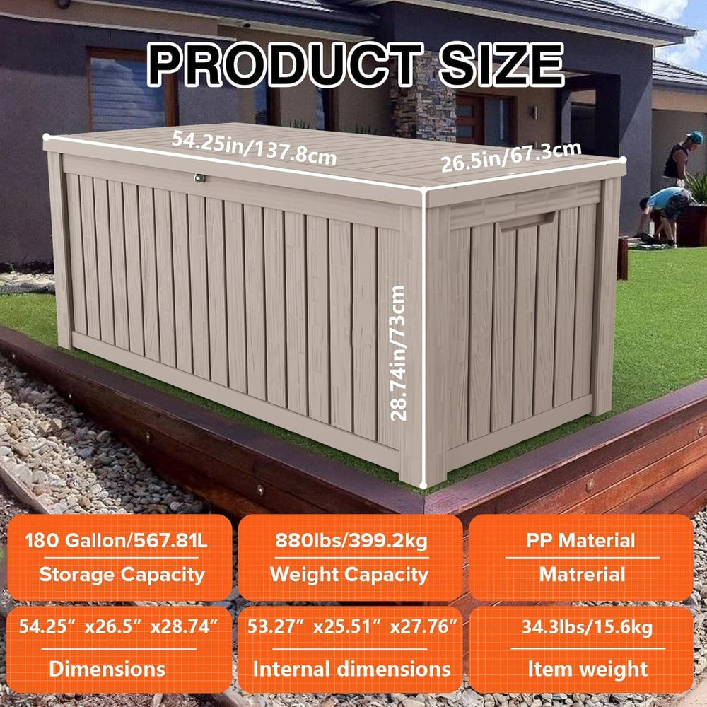 Outdoor Storage Box Waterproof, 180 Gallon Lockable Resin Deck Box Large, Pat...