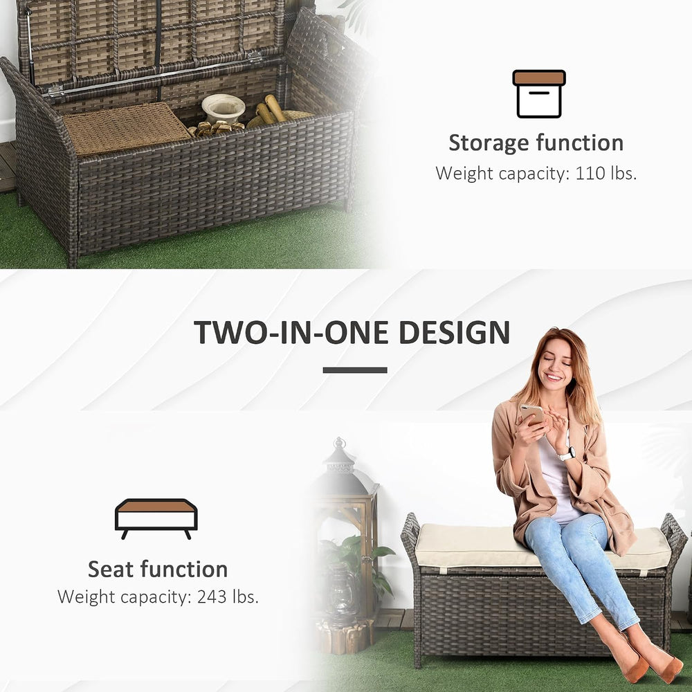 Outsunny 29 Gallon Patio Wicker Storage Bench Outdoor PE Rattan Cream White