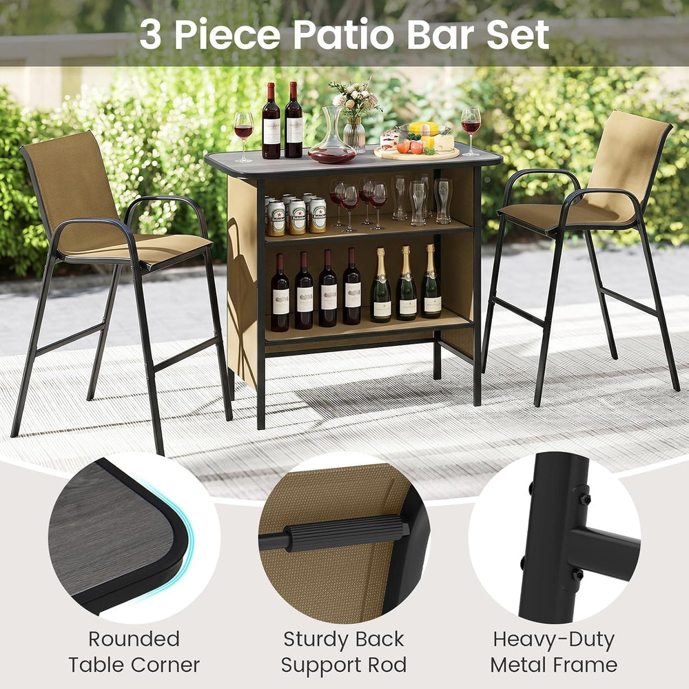 Tangkula 3 Piece Outdoor Bar Set with Stools, Brown