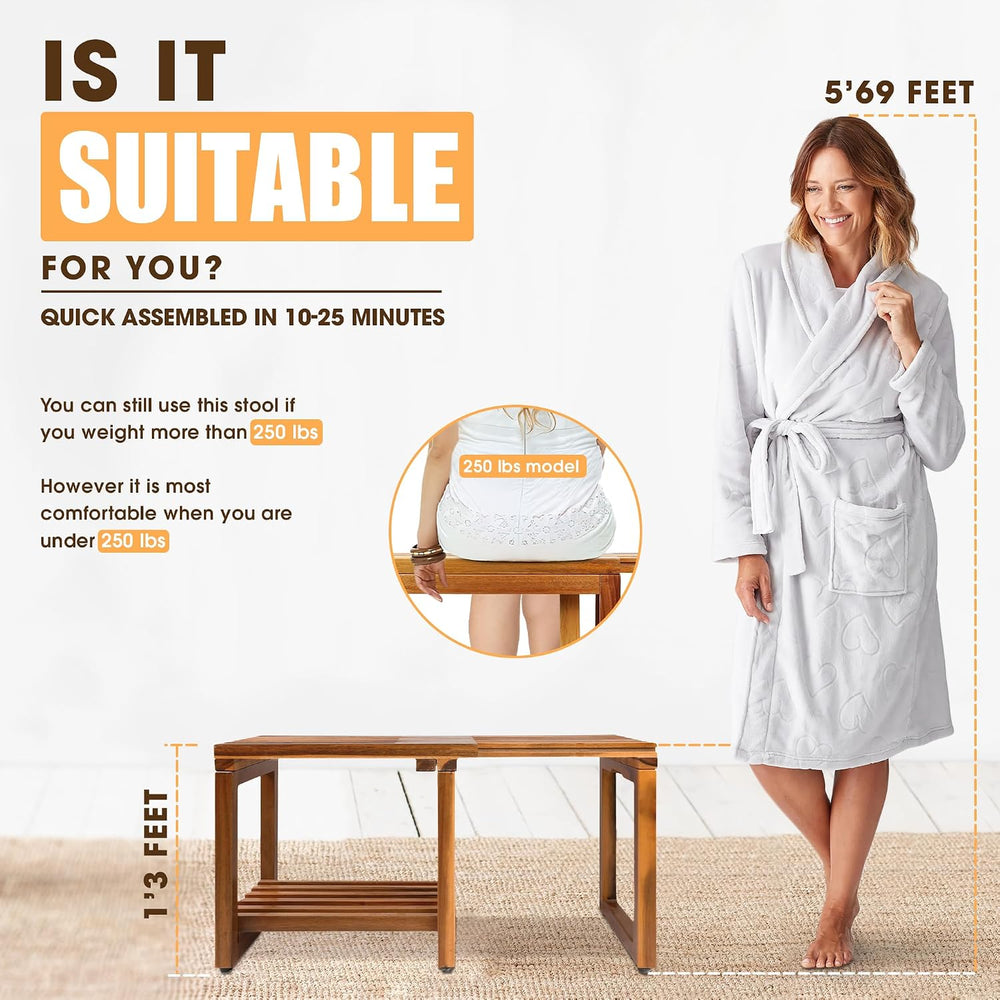 Adjustable Length 29 Inches Shower Stool Bench Chair Waterproof with Storage ...
