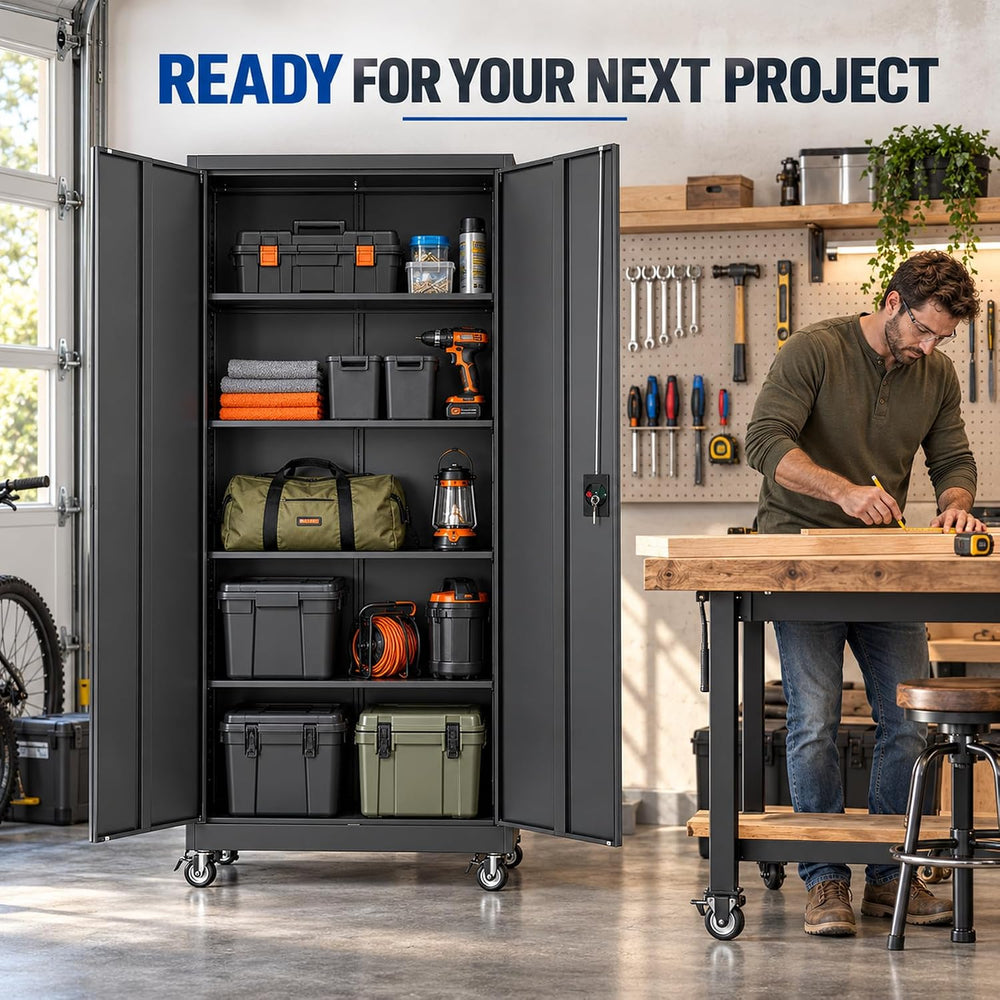 BYNSOE Metal Garage Storage Cabinet with Wheels,Metal Storage Cabinet with Ad...