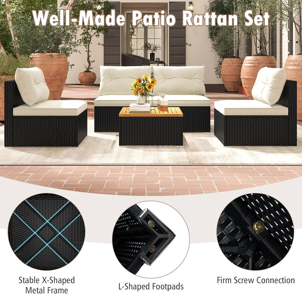RELAX4LIFE 5-Piece Wicker Outdoor Furniture - PE Rattan Sectional Conversatio...