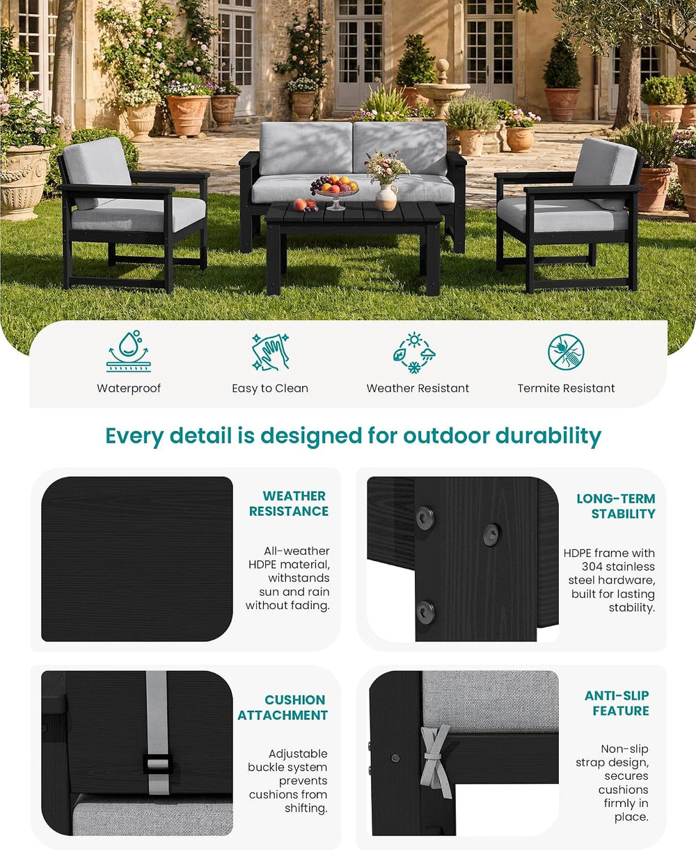 SERWALL 3 Pieces HDPE Outdoor Sofa Bistro Set with Cushions & Coffee Table