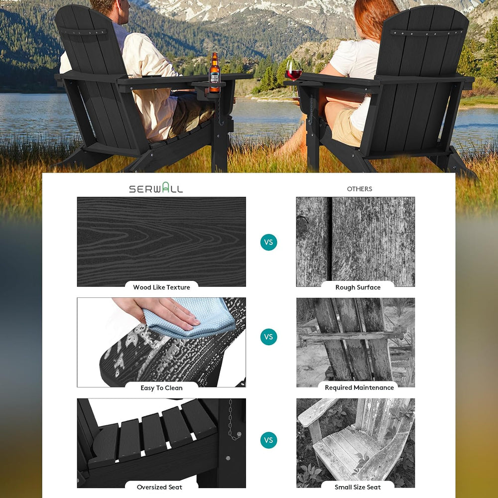 SERWALL Outdoor Adirondack Chair Set of 6 with Cup Holders,Foldable,Black