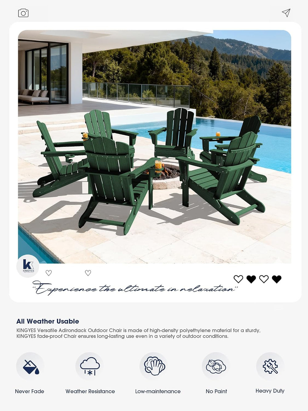 KINGYES Folding Adirondack Chair Set of 2 with Cup Holder, Green