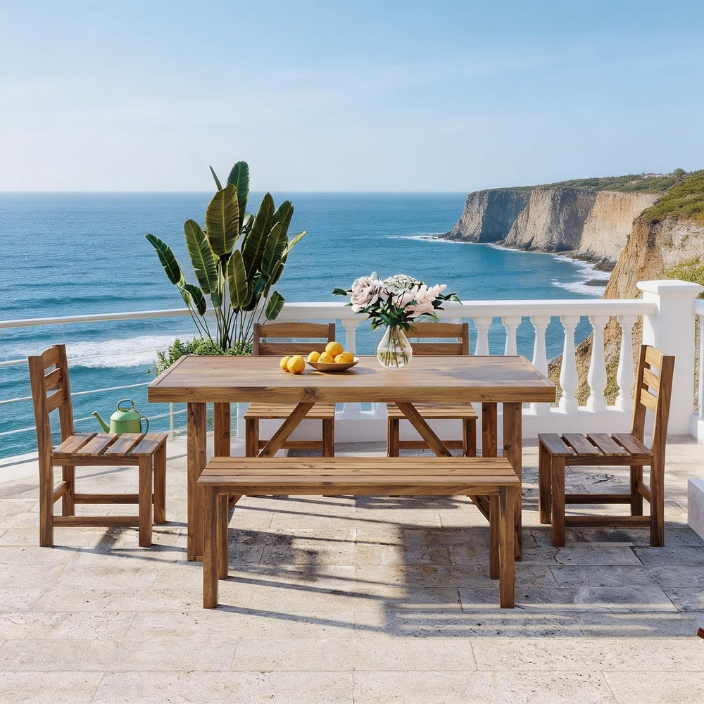 RuiSiSi Outdoor Dining Table Set for 6, Acacia Wood Patio Dining Set with Ben...