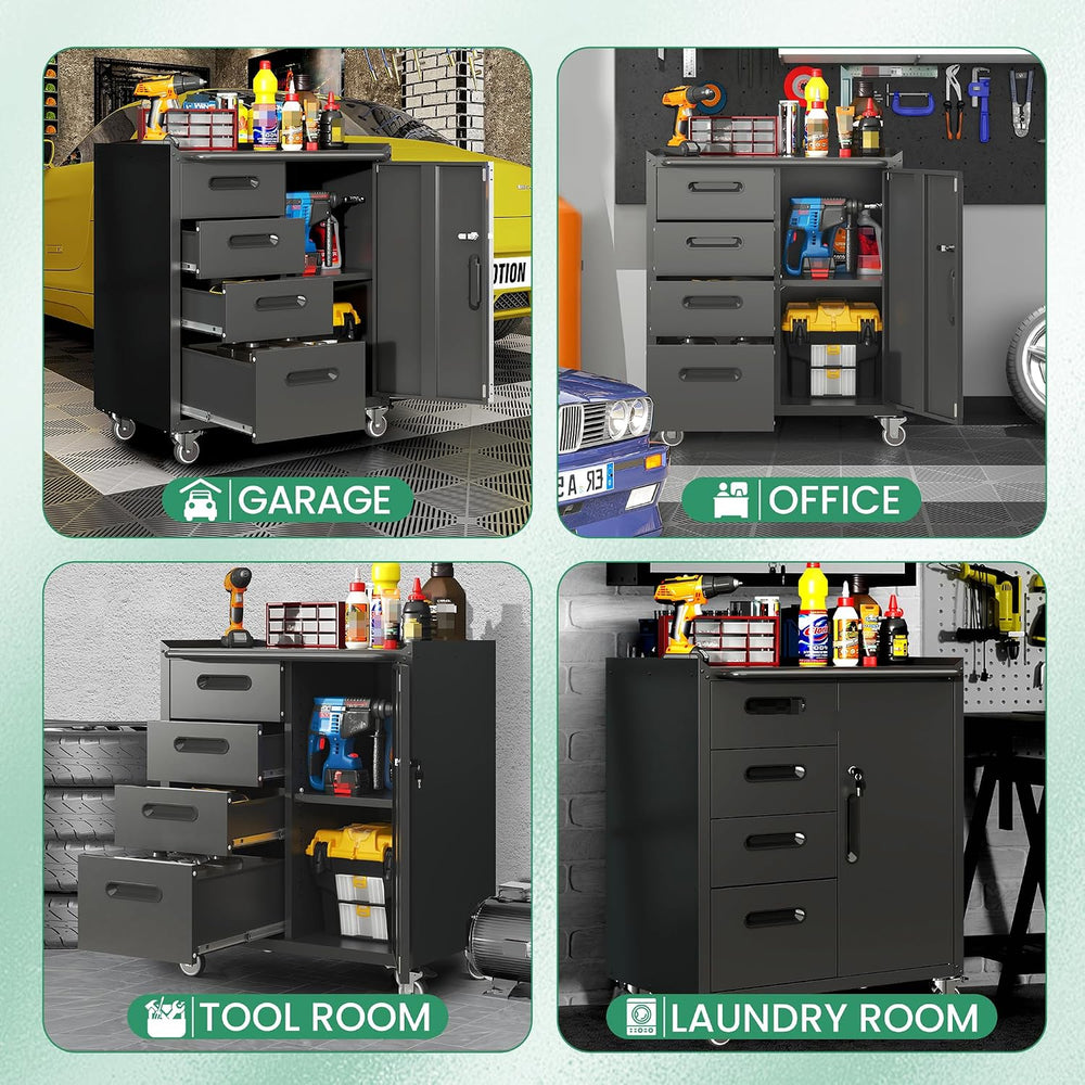 Garage Cabinets,Metal Garage Storage Cabinet with Wheels,Black Lockable Rolli...