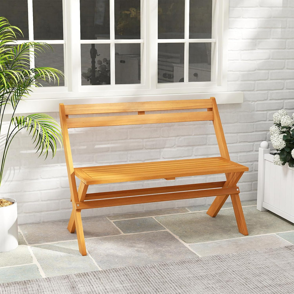 Tangkula Foldable Acacia Wood Outdoor Bench, 2-Person Patio Garden Bench with...