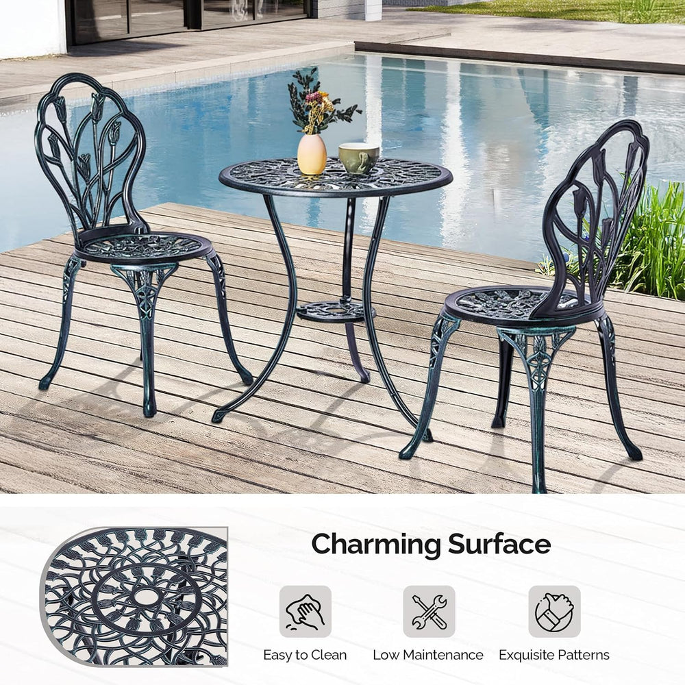 Outvita 3 Piece Cast Aluminum Bistro Set, Tulip Pattern Verdigris