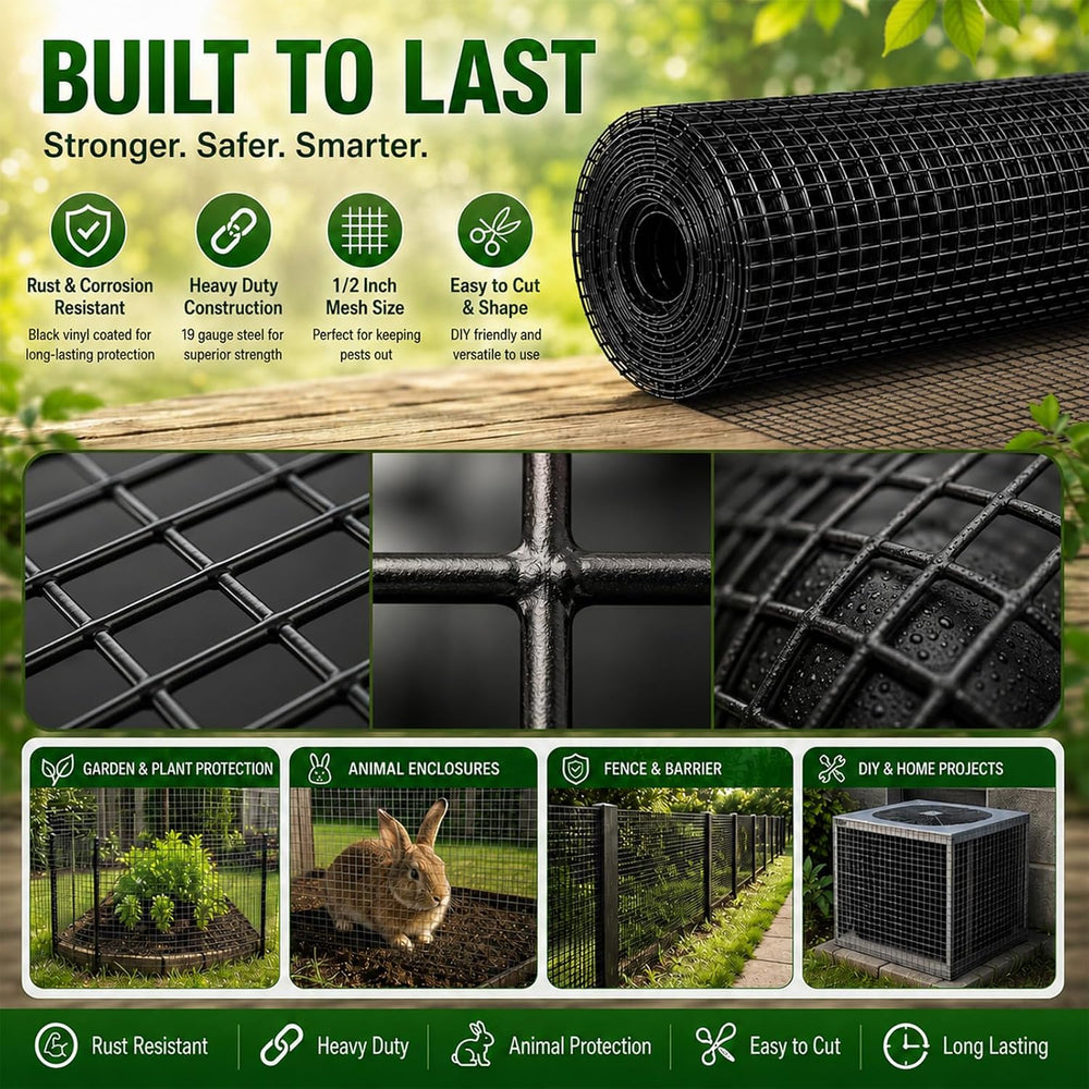 Hardware Cloth 1/2 inch Chicken Wire Fencing 48 x 100 Ft 19-Gauge | Black Vin...