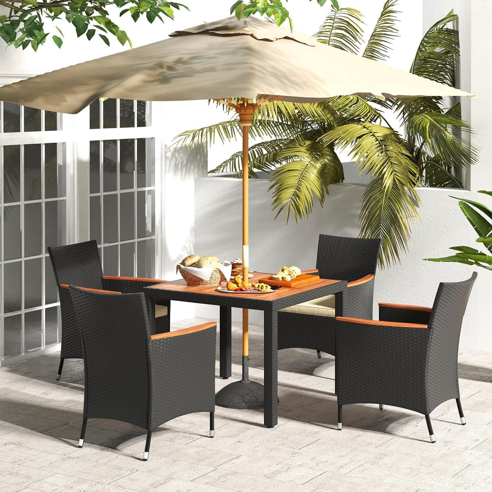 Tangkula 5 Pieces Rattan Outdoor Dining Set for 4, Outdoor Acacia Wood Table ...